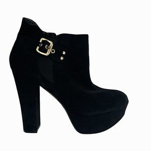 Guess High Heel Black Ankle Boots Block Heel Platform Tall Zip Gold Accents 7.5